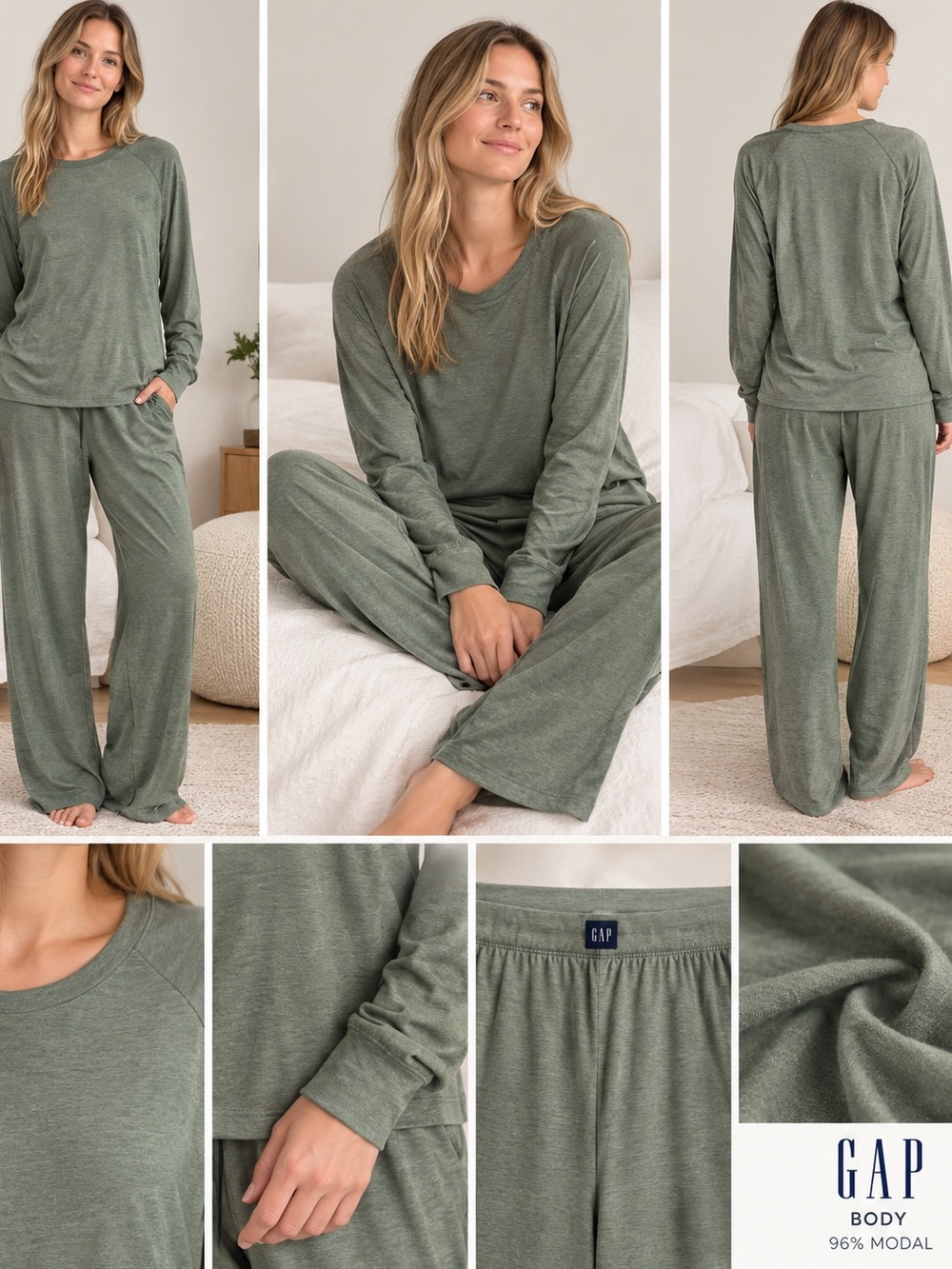 Gap Body Modal Long Sleeve Crewneck Pajama Set in a green shade size large.